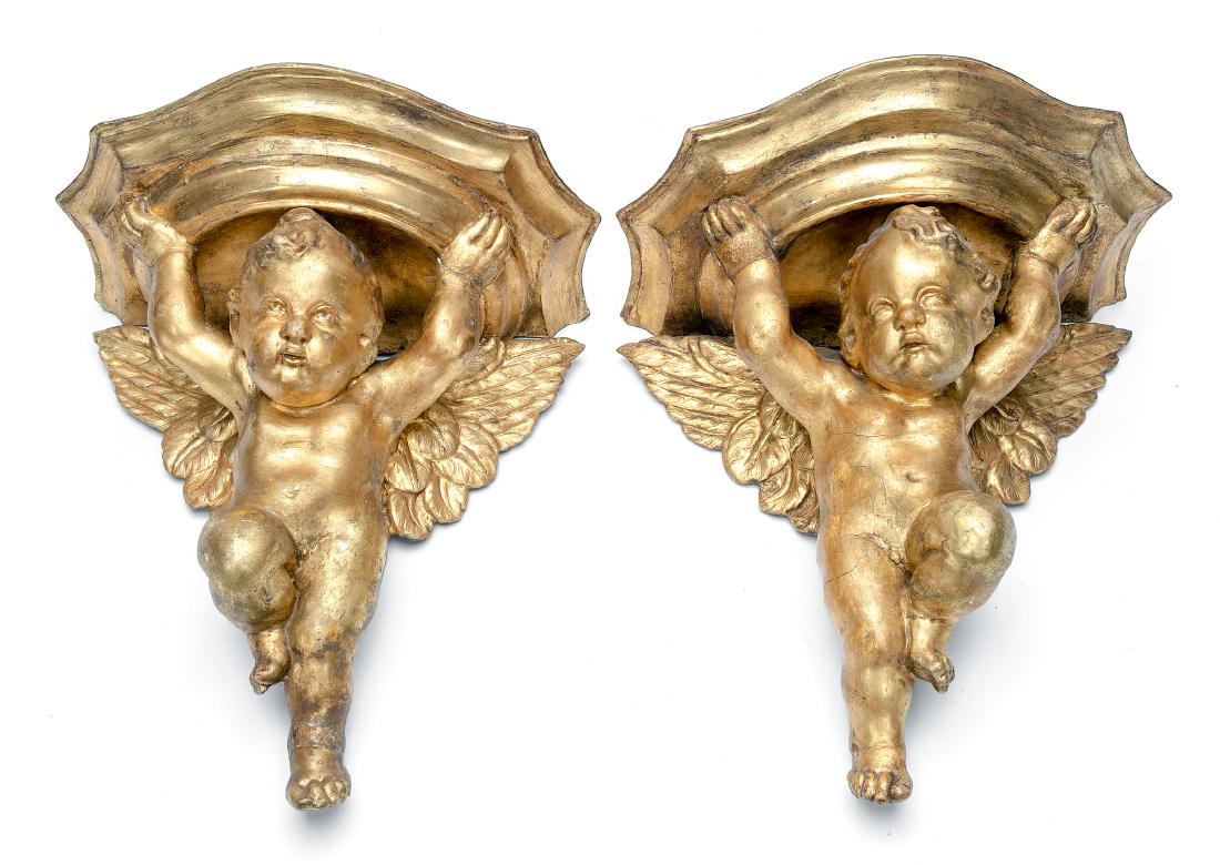 Pair, Italian Gilt Wood Cherub Motif Wall Brackets (1 of 3)