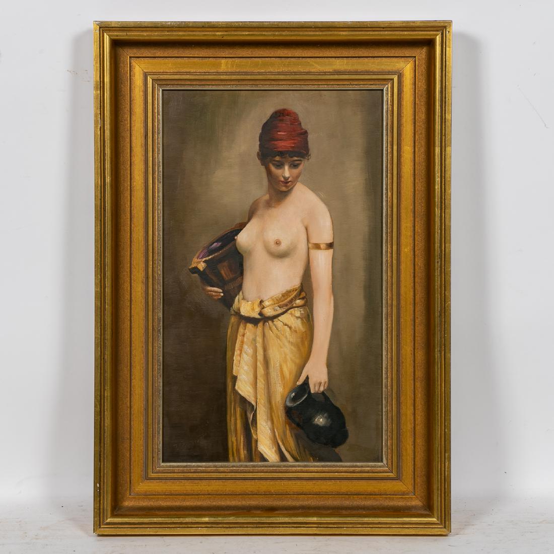 After Max Nonnenbruch, O/C of Female w/ Turban: Early 20th Century, Oil on Canvas, Female Water Bearer. After Max Nonnenbruch (German, 1857-1922), half-nude female in red turban holding vessels. Illegibly signed lower left. 19.875" x 12" W (canvas)