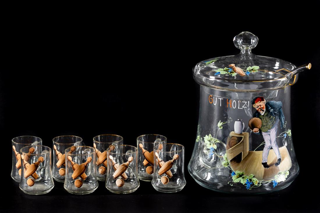 German Bowling Motif Punch Set, Enameled Glass (1 of 5)