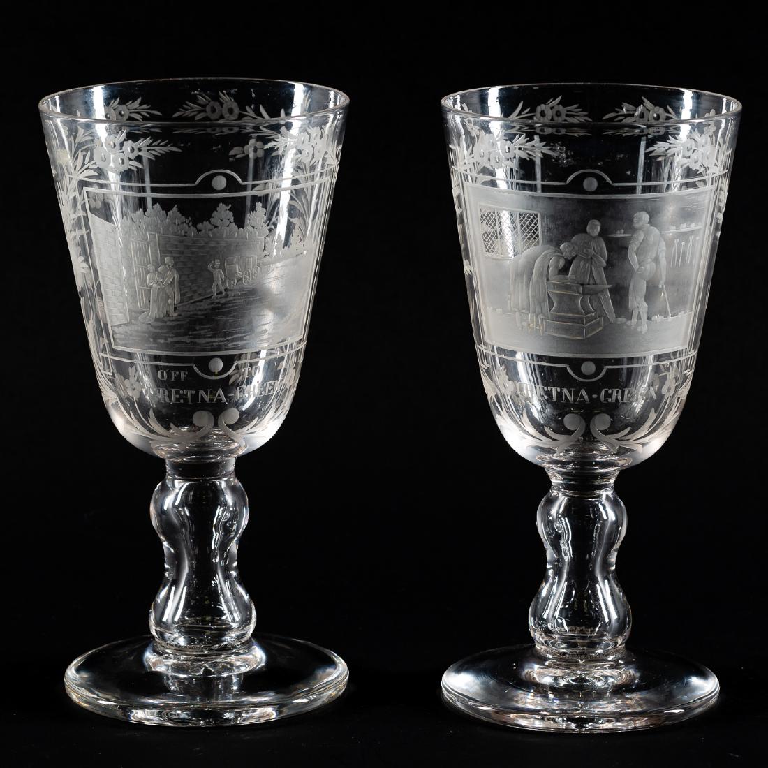 Pair, English Etched Glass Gretna Green Goblets (1 of 6)