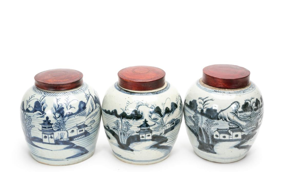 3 Chinese Export Blue & White Canton Ginger Jars (1 of 4)