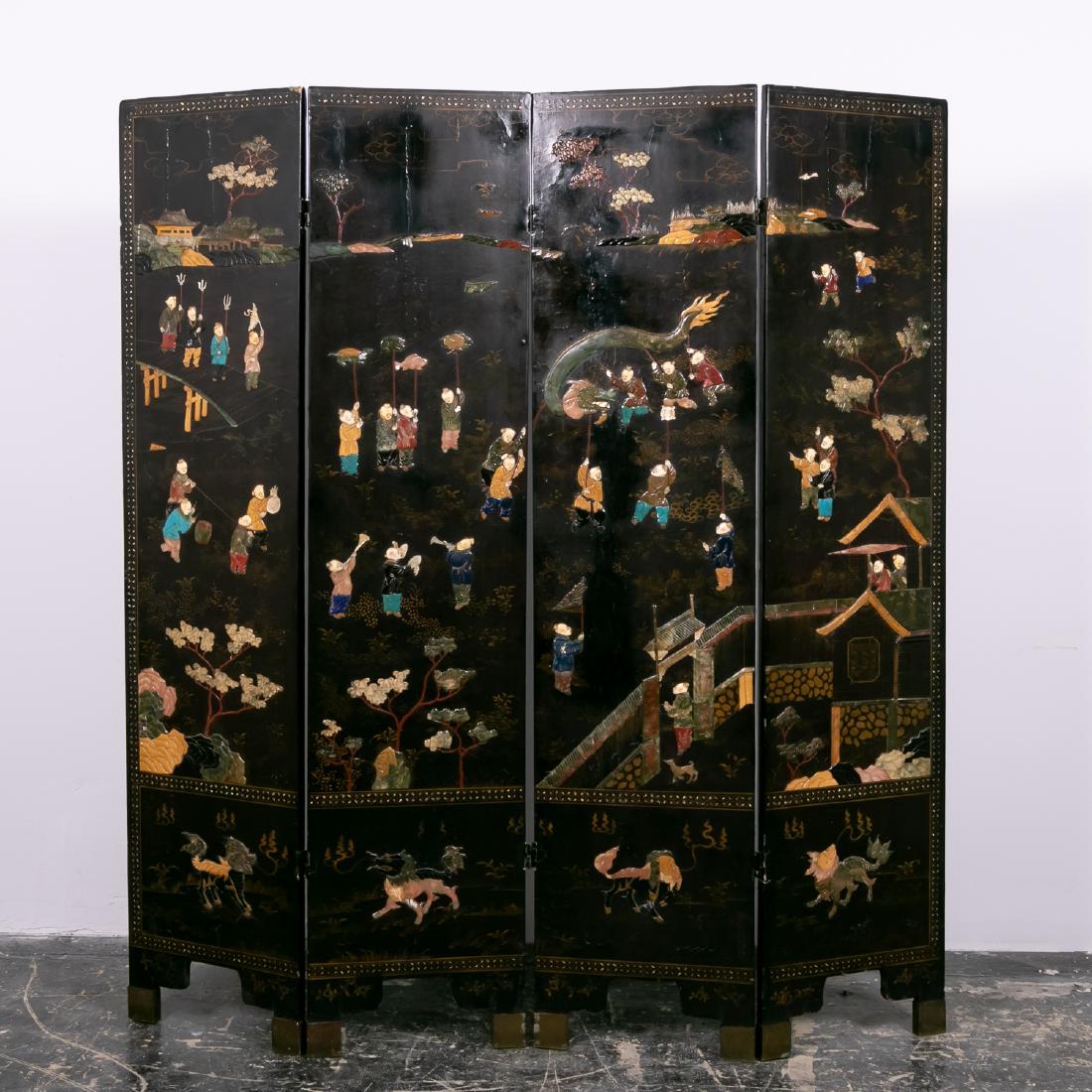 Chinese Four Panel Lacquer Floor Screen (1 of 13)