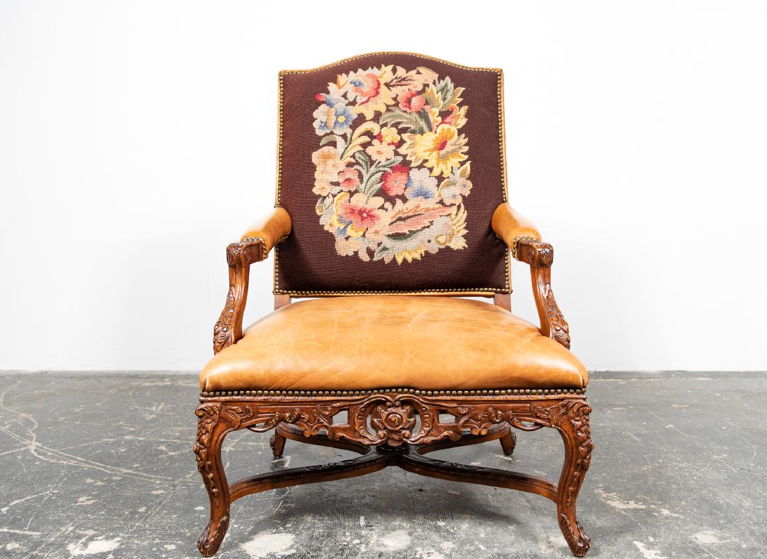 French Single Leather & Needlepoint  Armchair (1 of 9)