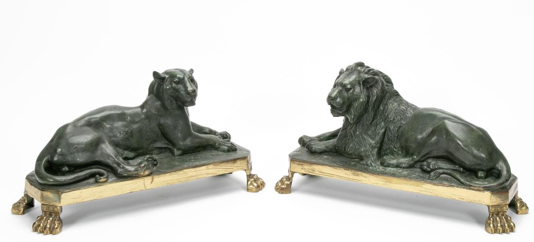 Pair, Signed Bronze Lion Sculptures on Footed Base (1 of 7)