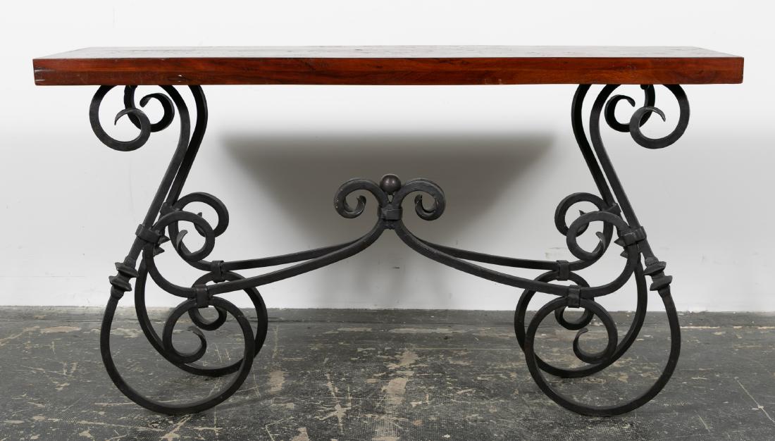 Scrolled Wrought Iron & Wood Console Table, 20th C