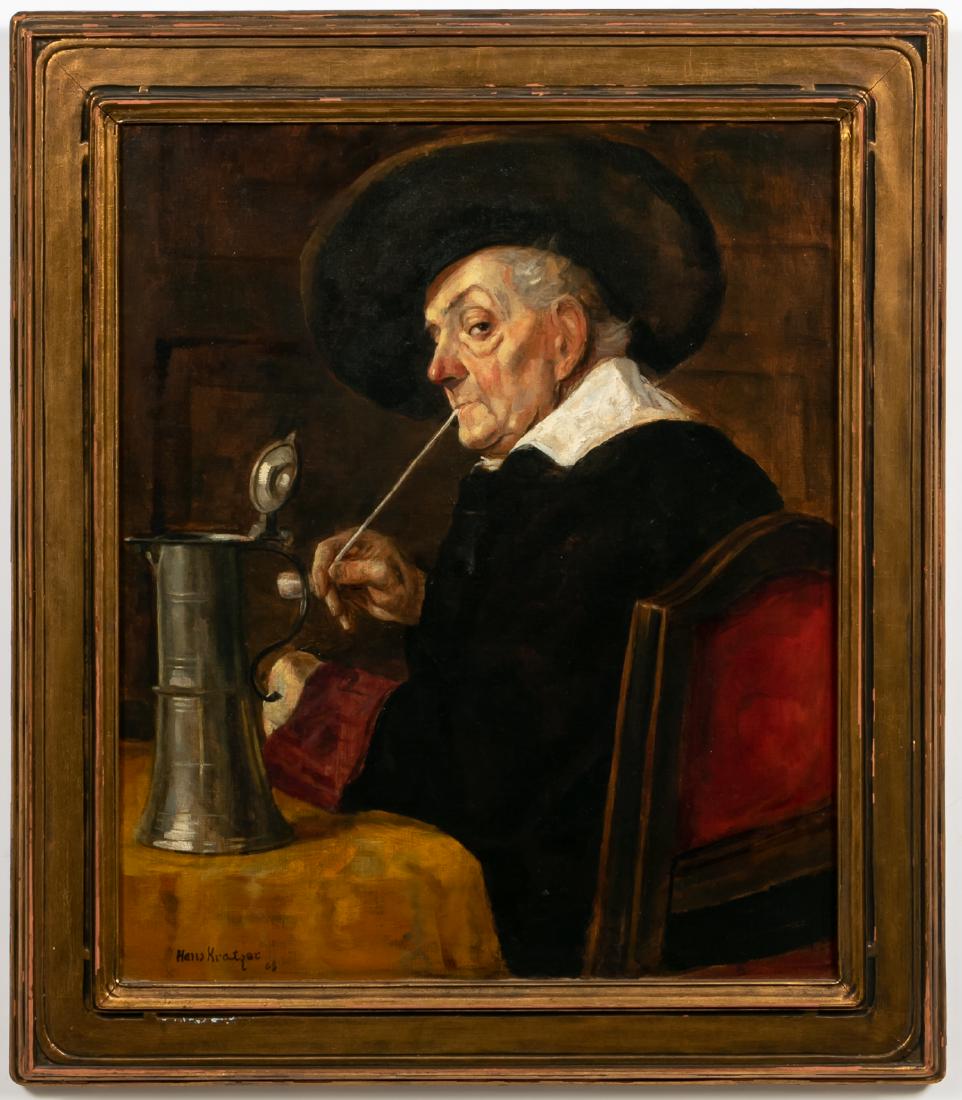 Hans Kratzer, Oil on Canvas, Genre Scene: Hans Kratzer (German, b. 1874), Oil on Canvas, Genre Scene. Depicting an older gentleman in hat smoking a white clay tavern pipe, a pewter flagon of ale on the table nearby. Signed lower left, dated (