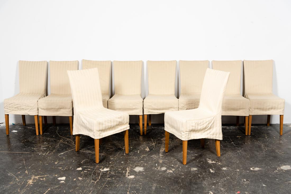 Set, 10 WK Wohnen Chairs, Light Wood: Set,10 WK Wohnen (German) chairs, light wood. Taupe slip covered, curved squared back on tapered light finished hardwood legs. Approx. of each w.17.5", h. 37", d. 20.5".