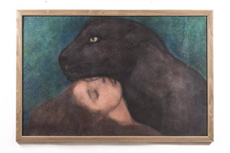 Isis Lully, "Woman with Panther", Signed & Dated: Isis Lully (French, b. 1936- ), "Woman with Panther"-1986, pastel, signed and dated lower left. Large Symbolist style pastel work depicting a woman nestled in the neck of a black panther against peaco