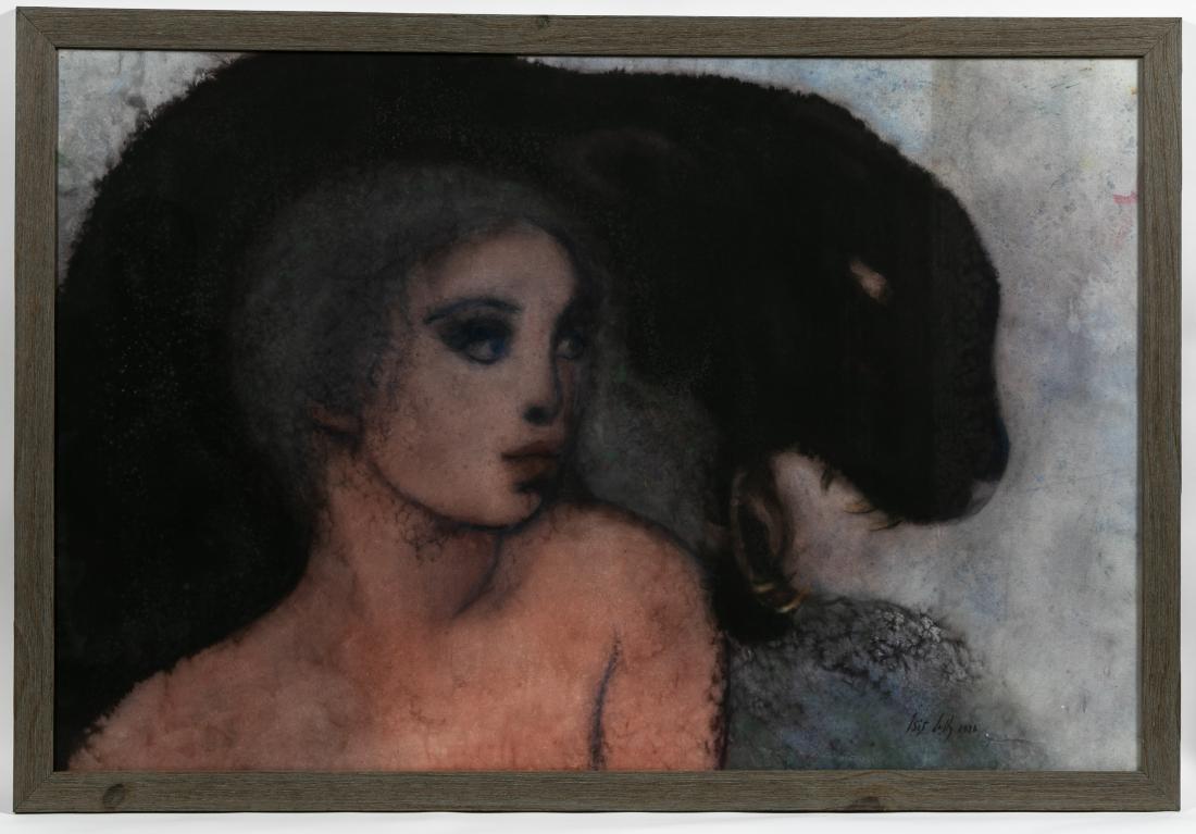 Isis Lully, "Nude with Snarling Panther, Signed: Isis Lully (French, b. 1936- ), "Nude with Snarling Panther"-1986, pastel, signed and dated lower right. Large figural pastel work depicting a nude woman at bust length with a black panther or jaguar 