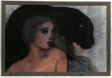 Isis Lully, "Nude with Snarling Panther, Signed: Isis Lully (French, b. 1936- ), "Nude with Snarling Panther"-1986, pastel, signed and dated lower right. Large figural pastel work depicting a nude woman at bust length with a black panther or jaguar