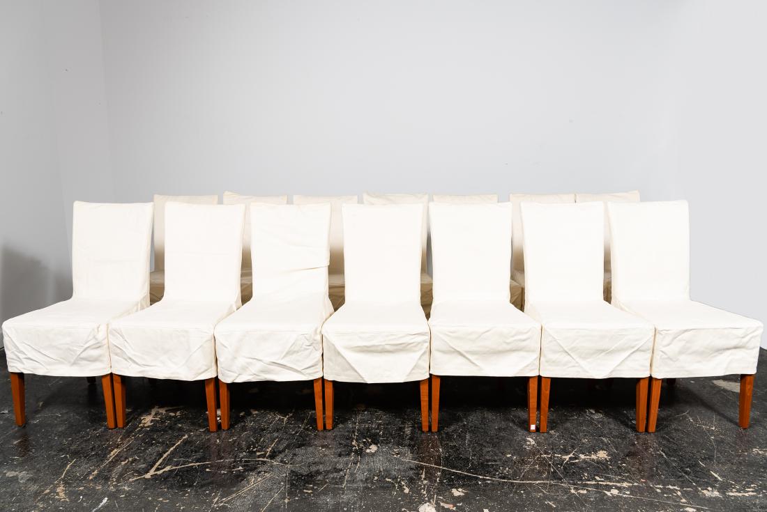 Set, 14 WK Wohnen Chairs, Cherry Wood: Set,14 WK Wohnen (German, founded 1912) chairs, cherry wood. Cream and gingham slip covered, curved squared back on tapered cherry finished hardwood legs. Total of the sets of slipcovers are included.