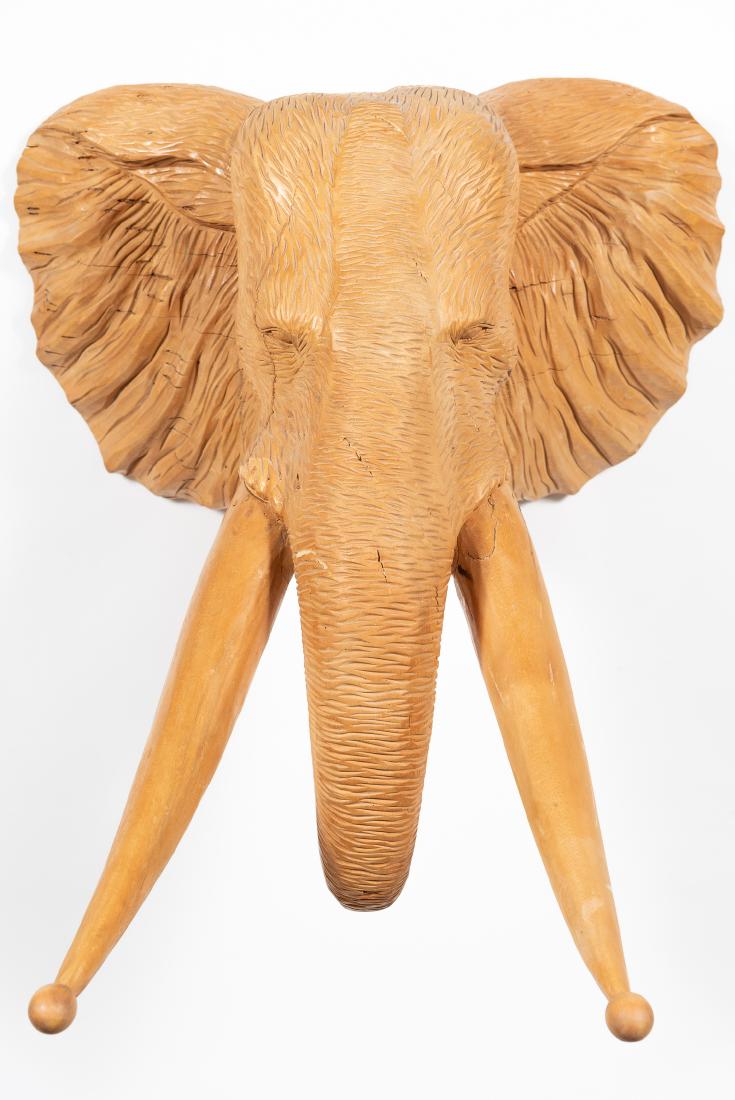 Carved Wood Elephant Head Wall Hanging, Signed (1 of 8)