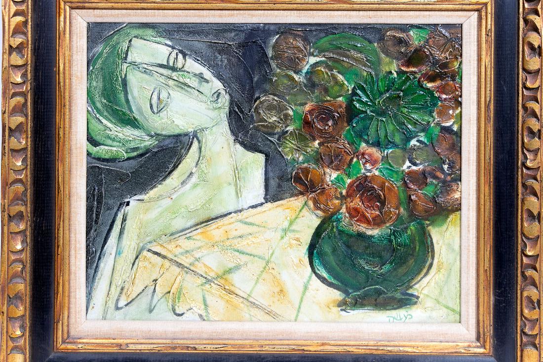 Nicholas Takis, Modern Figural Still life: Nicholas Takis (American, 1903-1965). Untitled, a Mid century modern style figural still life with bouquet of flowers. Oil on canvas. Signed on lower right, "Takis". Approx. 23.75" x 28" (framed); 16.