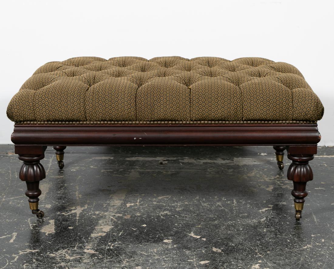 Henredon Tufted "Berkley" Cocktail Ottoman: Henredon (American, founded 1945) tufted "Berkley" cocktail ottoman. Hardwood frame, dark green & gold diapered upholstery, turned legs on brass casters. Approx. w. 39", h. 17.25", d. 29.25".