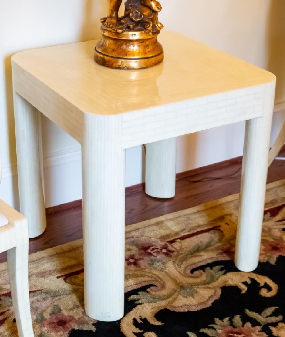 Modern Tessellated Bone Table: Attributed to Enrique Garcel (20th C), third quarter 20th c. A tessellated bone square side or occasional table, in the manner of Karl Springer. Approx. height 26.5", width 26", depth 26" Shipping Dis
