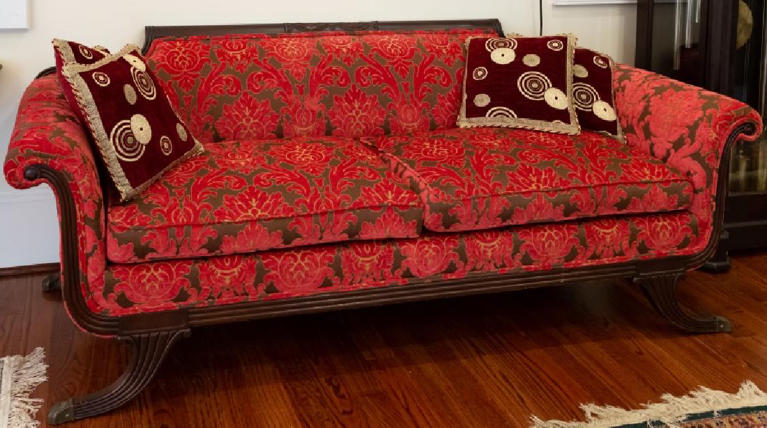 Duncan Phyfe Style Mahogany Sofa: Duncan Phyfe style sofa with mahogany frame and brass claw feet. Approx. width 83" Shipping Disclaimer: This is an off-site auction and all items must be picked up by buyer or shipper no later than 5p