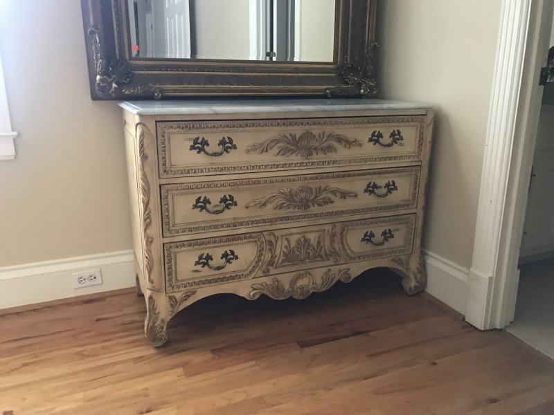 Three Drawer Commode with Marble top: 20th c three drawer commode with marble top. Approx. height 32", width 44.5", depth 19.25"
