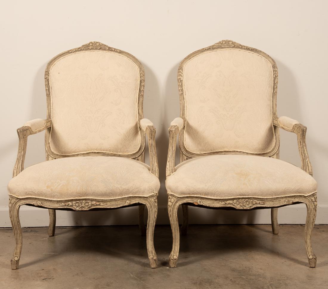 2 Louis XV Distressed White Upholstered Armchairs (1 of 6)