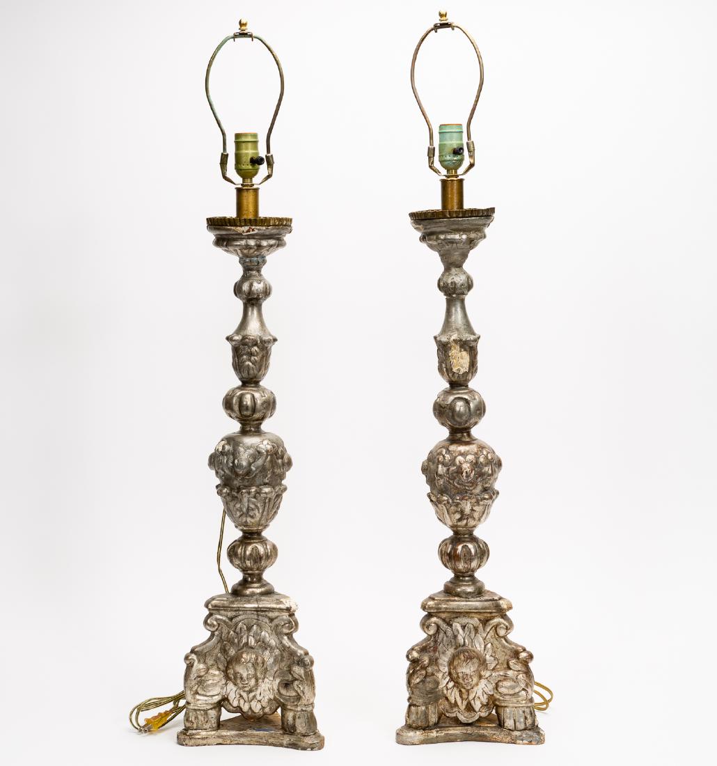 Pair, Baroque Style Silvered Altar Pricket Lamps (1 of 6)