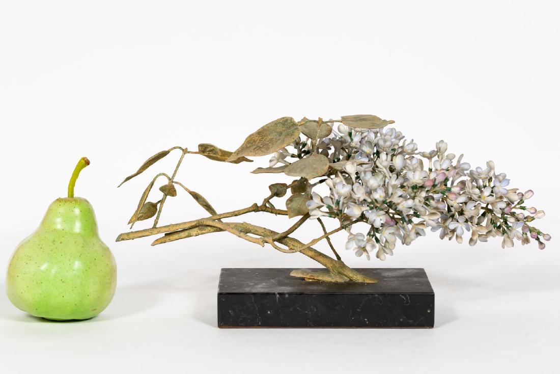 Ronald Van Ruyckevelt Lilac on Black Marble: Ronald Van Ruyckevelt (British, b. 1928) for Royal Worcester (English, founded 1751). Lilac spray figurine. Bone china and gilt bronze on a marble base. Marked to underside. Approx. height 6.25. Prove
