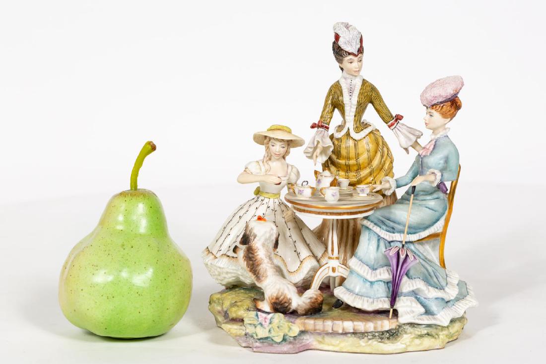 Royal Worcester, Ruth Van Ruyckevelt "Tea Party": Ruth Van Ruyckevelt (British, 1931-1988) for Royal Worcester (English, founded 1751). "The Tea Party" group figurine. Polychrome bone china. Approx. h. 7.75". Provenance: From the Private Collection o