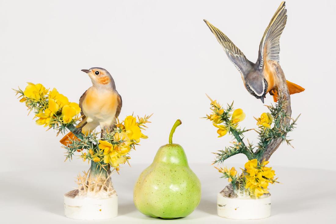 Pair of Dorothy Doughty Redstart & Gorse Birds: Dorothy Doughty (Italian, 1892-1962) for Royal Worcester (English, founded 1751). A pair of Redstart & Gorse porcelain figurine birds. Included one original for Redstart and one not original box (down