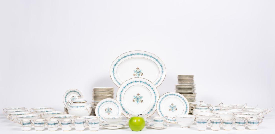 127 PC, Coalport "Geneva" Dinner Service: Mid to late 20th century, Coalport (British, founded 1795); turquoise and polychrome bone china with florals; consisting of: twelve 10.75" dinner plates, twelve 8" salad plates, twelve 5.75" bread pla
