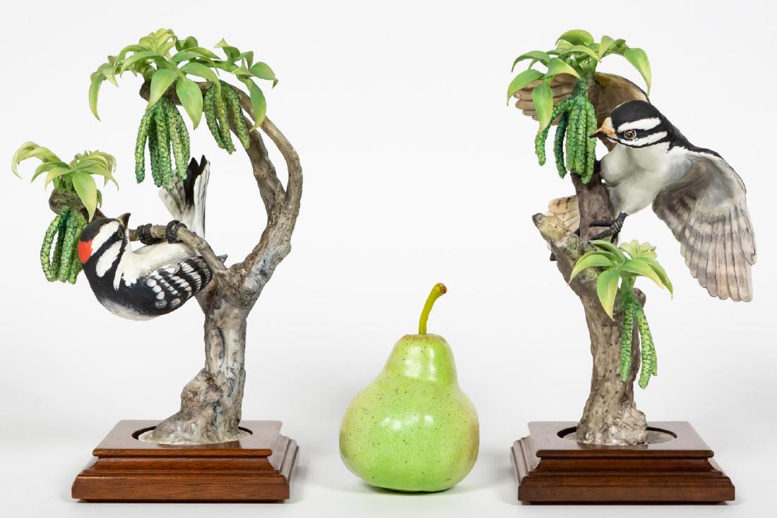 Pair, Dorothy Doughty Little Downy Woodpeckers: Dorothy Doughty (Italian, 1892-1962) for Royal Worcester (English, founded 1751), 1967. A pair of "Little Downy Woodpecker & Pecan" porcelain figurines on stand. Marked on underside. Approx. height wi