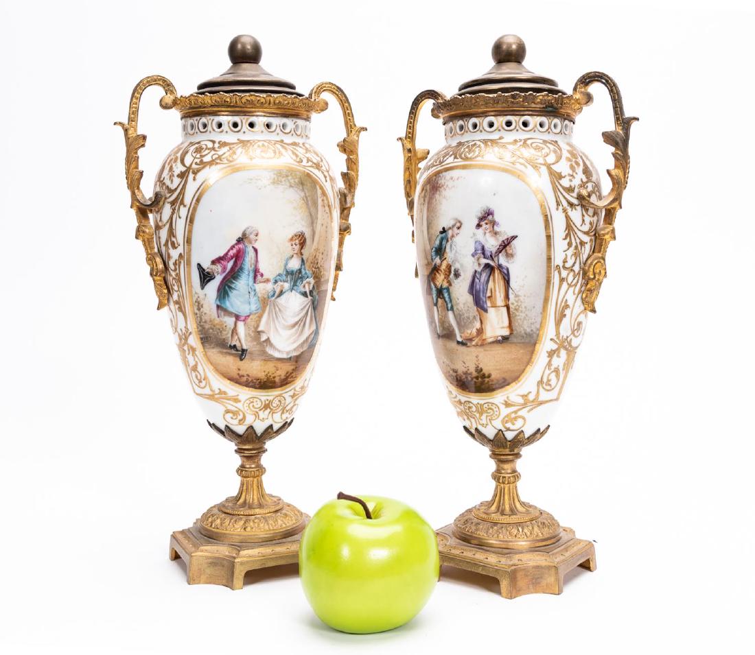 Pair, 20th C. Sevres Style Porcelain Lidded Urns (1 of 4)