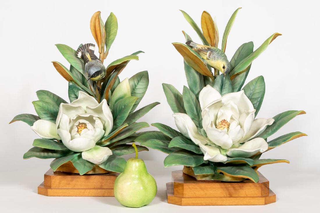 2 Dorothy Doughy Magnolia Warbler Figurines: Dorothy Doughty (Italian, 1892-1962) for Royal Worcester (English, founded 1751). A pair of Magnolia Warbler porcelain sculptures. Marked on underside. Approx 15.5". Provenance: From the Estate of Mr.