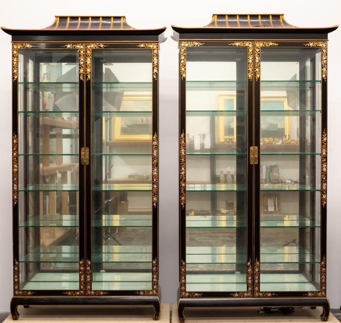 Pair, Black Lacquered Chinoiserie Display Cabinets (1 of 8)