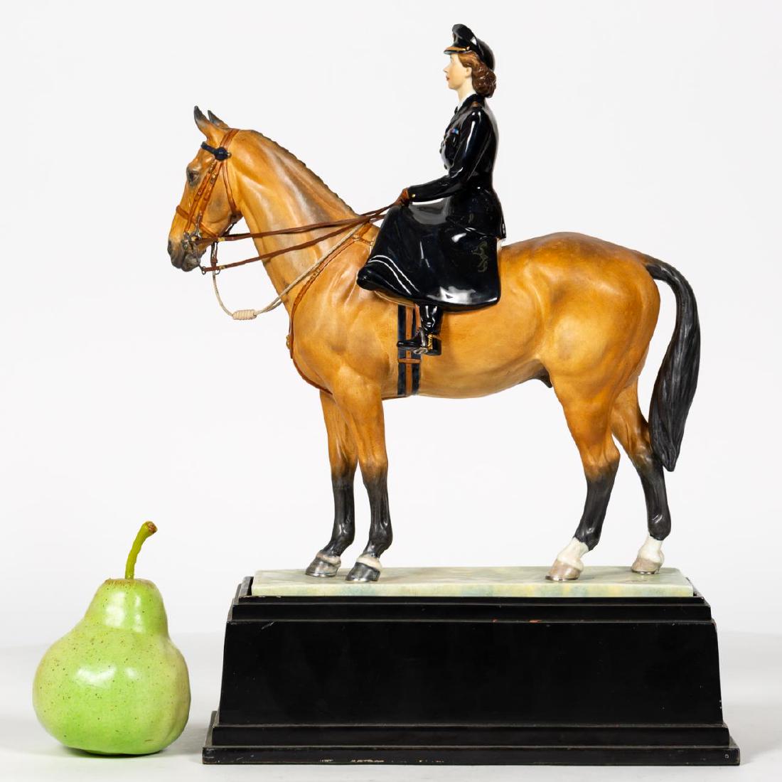 Royal Worcester Princess Elizabeth Figurine, Base: Doris Lindner for Royal Worcester (English, founded 1751), circa 1947. Artist's Proof, H.R.H. Princess Elizabeth on her horse "Tommy". Hand-painted bisque porcelain figurine. Marked on underside. Appr