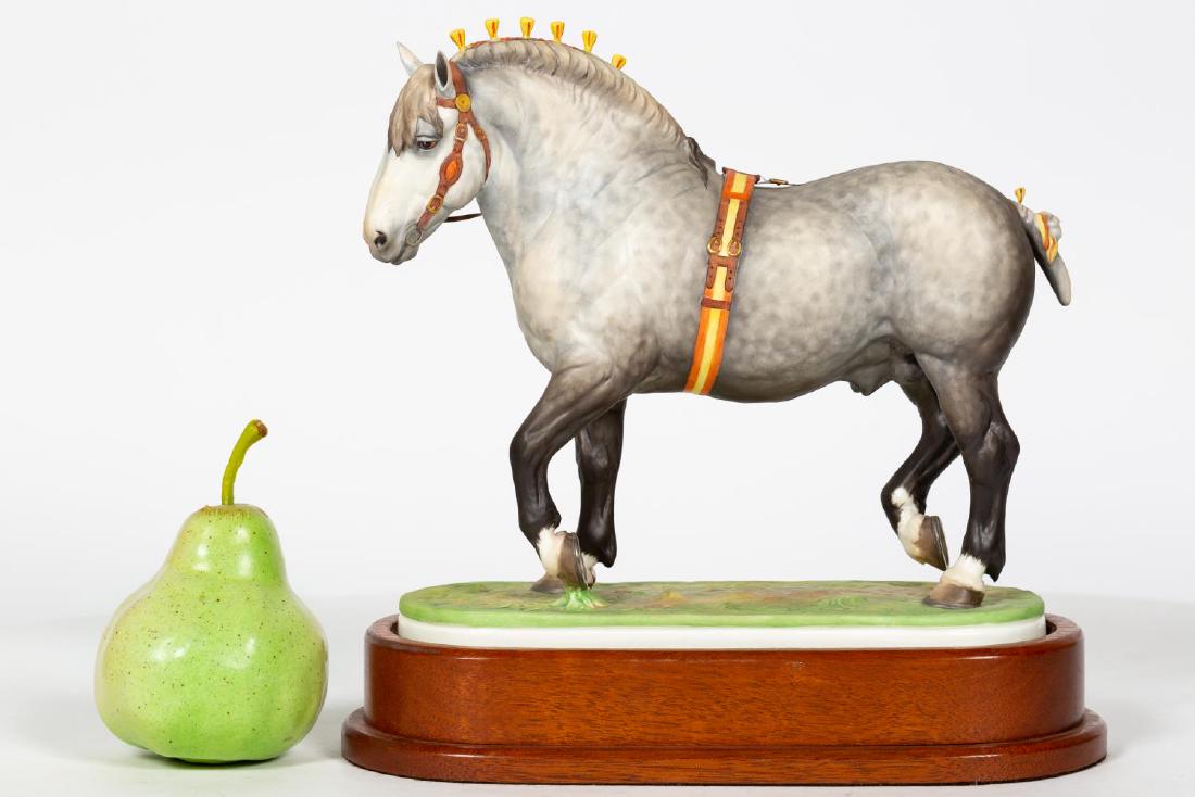 Royal Worcester Percheron Stallion w/ Base: Doris Lindner for Royal Worcester (English, founded 1751), 1965. Percheron Stallion, hand painted bisque porcelain figurine. Marked on underside. Approx. h. 9.125", w. 11.125", height on base 10.625".