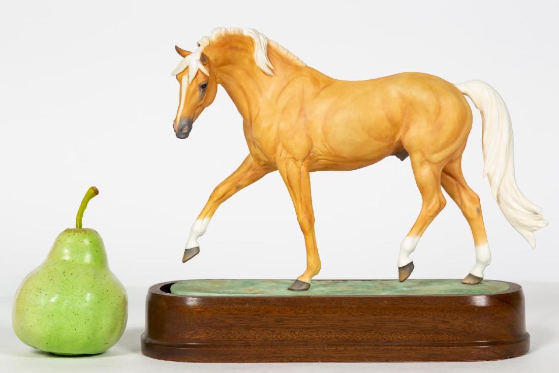 Royal Worcester Palomino Stallion on Base: Doris Lindner for Royal Worcester (English, founded 1751) 1971. Palomino stallion, number 301. Hand painted bisque porcelain. Marked on underside. Approx. h. 8.25", height with base 9.5", w. 11. Prove