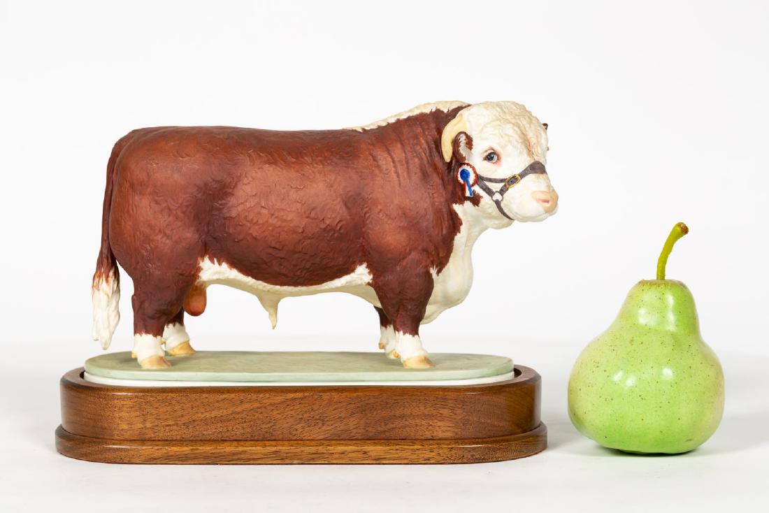 Lindner for Royal Worcester Hereford Bull on Base: Doris Lindner for Royal Worcester (English, founded 1751), 1959. Hereford Bull, hand painted bisque porcelain. Marked on underside. Approx. h. 6.5", w. 10.75", height with base 7.5". Provenance: From