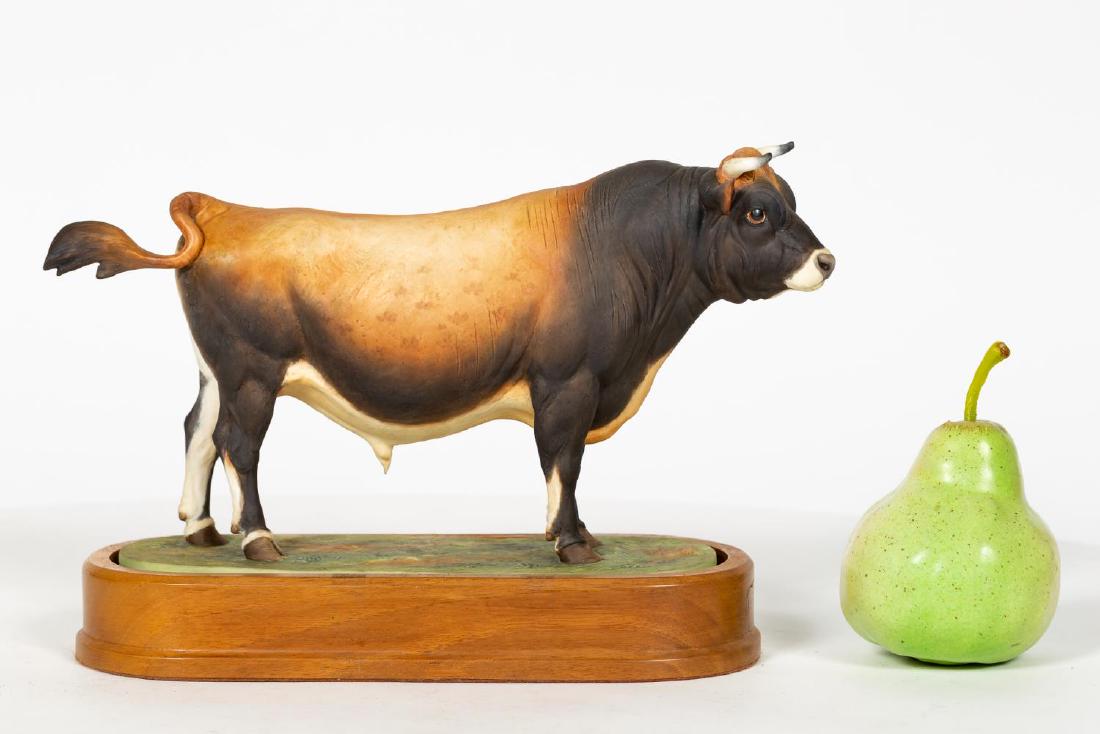 Lindner for Royal Worcester Jersey Bull on Base: Doris Lindner for Royal Worcester (English, founded 1751), 1965. Jersey Bull hand painted porcelain figurine. Marked on underside. Approx. h. 7.25", w. 10.75", height on base 8". Provenance: From the