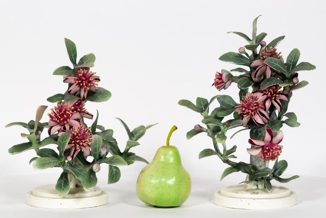 Pair, Doughty Mexican Feijoa & Ladybird Figurines: Dorothy Doughty (Italian, 1892-1962) for Royal Worcester (English, founded 1751). A pair of "Mexican Feijoa & Ladybird" bisque porcelain figurines. Marked on underside. Approx. height of one, 11.25". 