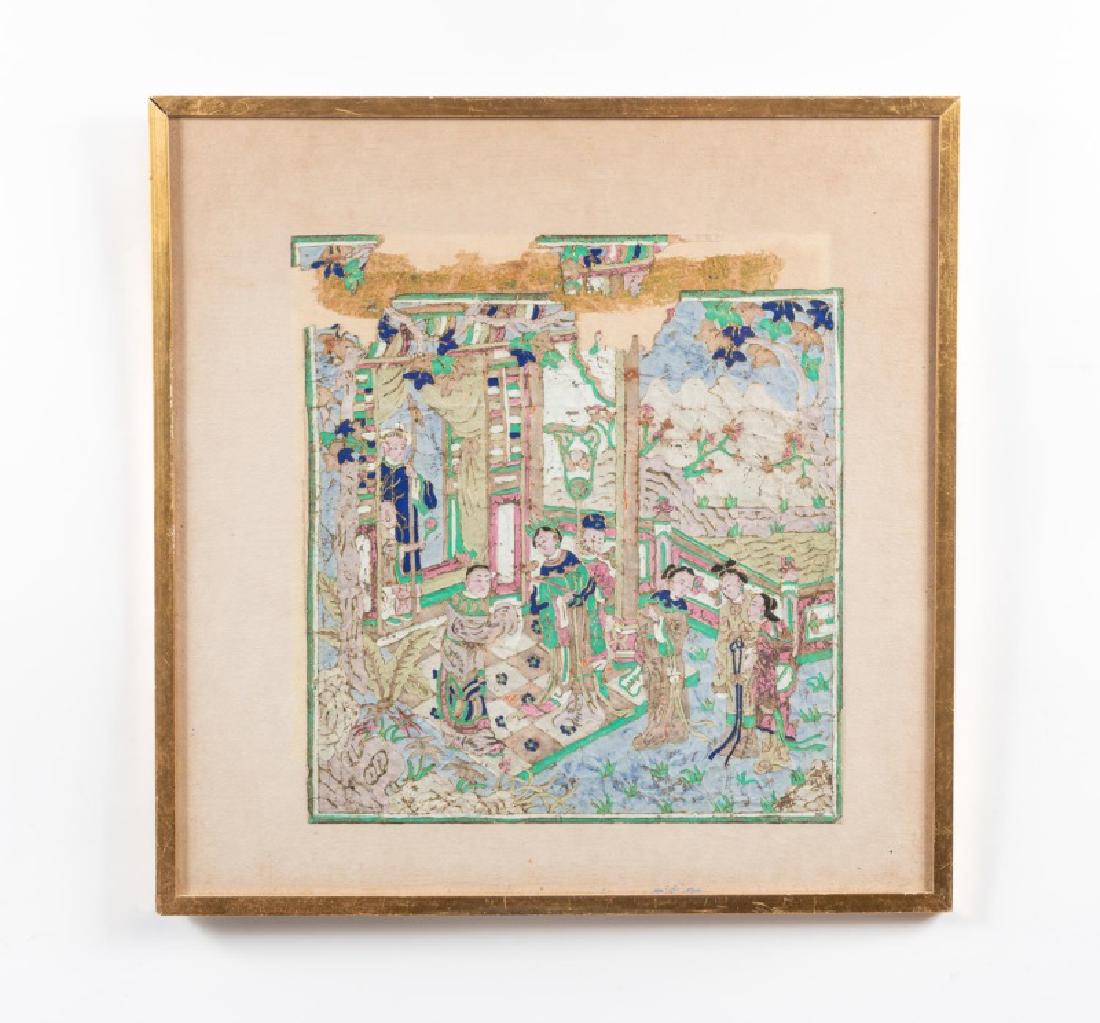 Framed Japanese Figural Fragment w/ Gold Leafing: 19th century, Japanese, tempera with gold leaf, court scene with figures. Apparently unmarked. 13.125" x 13.25" W (site), 20.25" x 19.75" W (frame, overall)