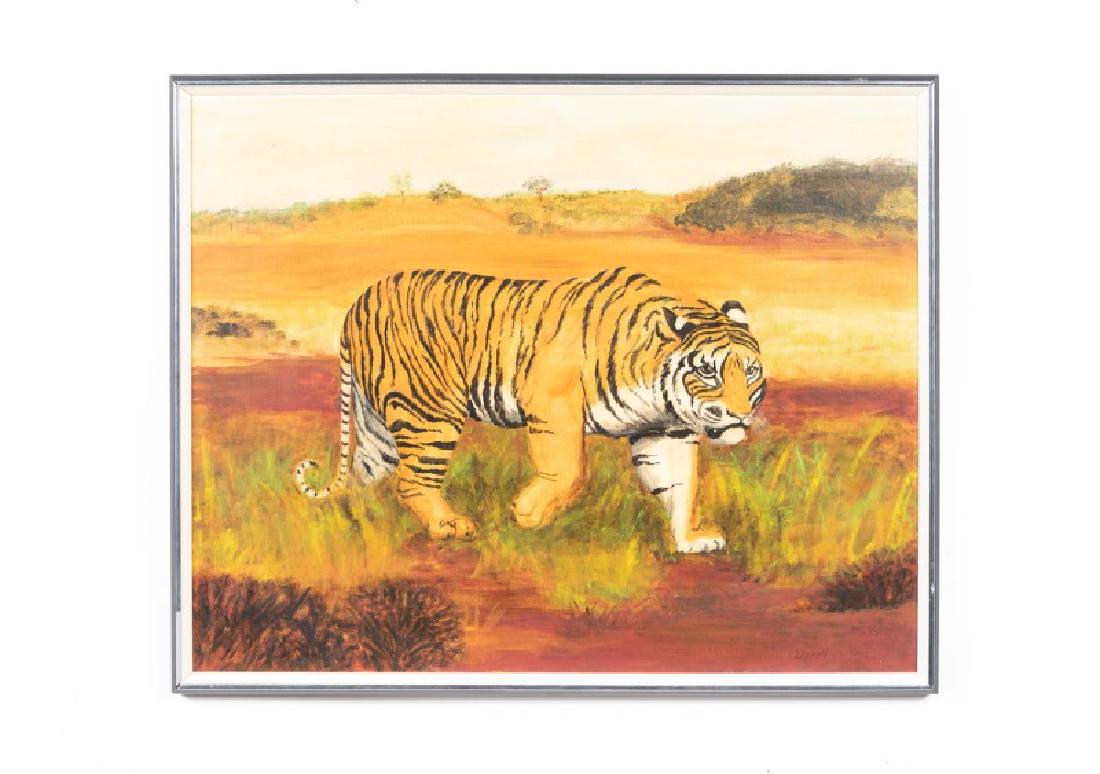 Hunting Tiger O/B, Signed Laddie Donald: Laddie Donald (Ukrainian/Canadian, 20th Century). An oil on artist's board depicting a tiger in motion on the prowl. Signed to lower right. Approx. 25" x 31" (framed), 24" x 30" (board). Provenance: F
