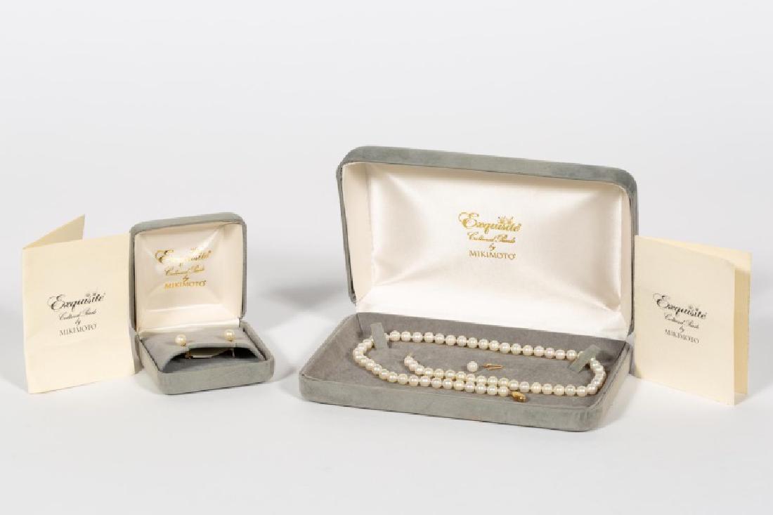 Mikimoto Pearl Jewelry Set, Necklace & Earrings: Mikimoto (Japanese, founded 1899-). A two piece jewelry set, from the Exquisite line, including a necklace and pair of earrings, with 14k yellow gold clasp and earring posts. Marked for 14k gold quali