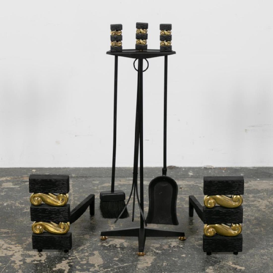 Donald Deskey for Bennett Co. Andiron & Tool Set: Donald Deskey (American, 1894-1989) for Bennett Co. A six piece fireplace modern andiron & tool set in black wrought iron and brass. Marked for Bennett Co. and with "Des At Pendg". Approx. height of t
