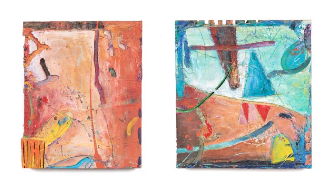 Two Andrew Saftel Small Mixed Media on Wood: Andrew Saftel (American, b. 1959), Two small mixed media on wood panels. Little Woods Series, #1 & #7. Abstract designs with incised lines. Signed verso and dated. With Lowe Gallery, Atlanta labels at