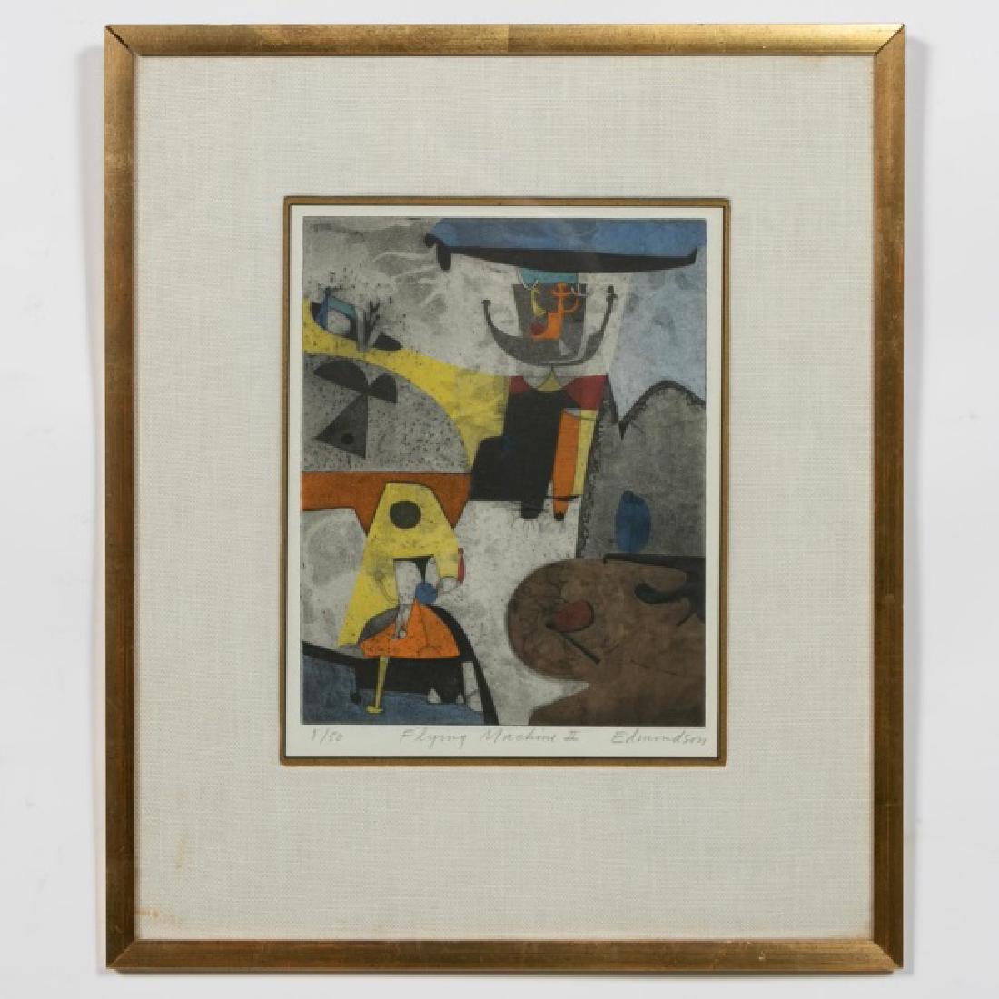 Leonard Edmondson, Aquatint Etching, 8/50: Leonard Edmondson (American, 1916-2002). "Flying Machine II", etching and aquatint, limited edition 8 of 50, inscribed and signed to lower margin. Approx. 18" x 15" (frame), 9.75" x 7.75" (image).