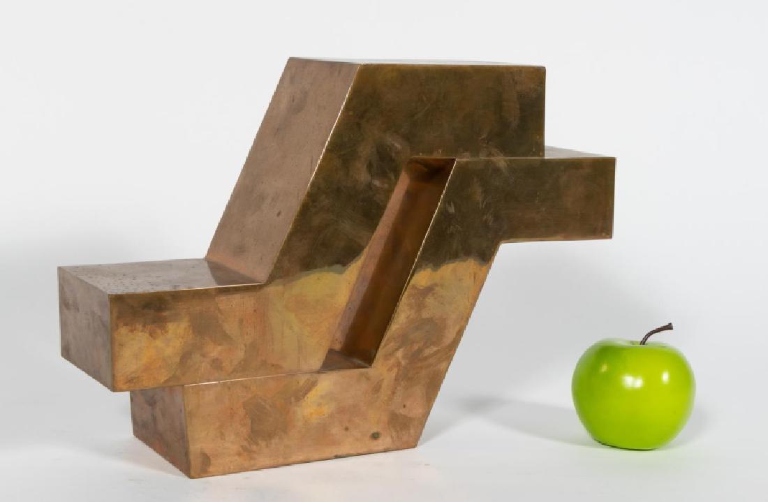Dorothy Abbott Signed Copper Modern Sculpture: A Dorothy Abbott signed copper modernist sculpture. Featuring a stacked double "S" form with a mirrored copper finish. Signed "D. Abbott" and numbered 2/8 1978. Approx: 15" W x 3.65" D x 10" H.
