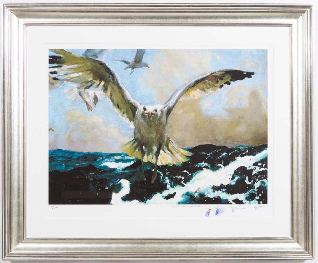 Jamie Wyeth, 'The Warning" Monumental Giclee: Jamie Wyeth (American, B. 1946), 20th century. A monumental sized limited edition giclee of an attacking seagull. The piece in addition to being signed and numbered 45/50 it has a hand drawn sketch of