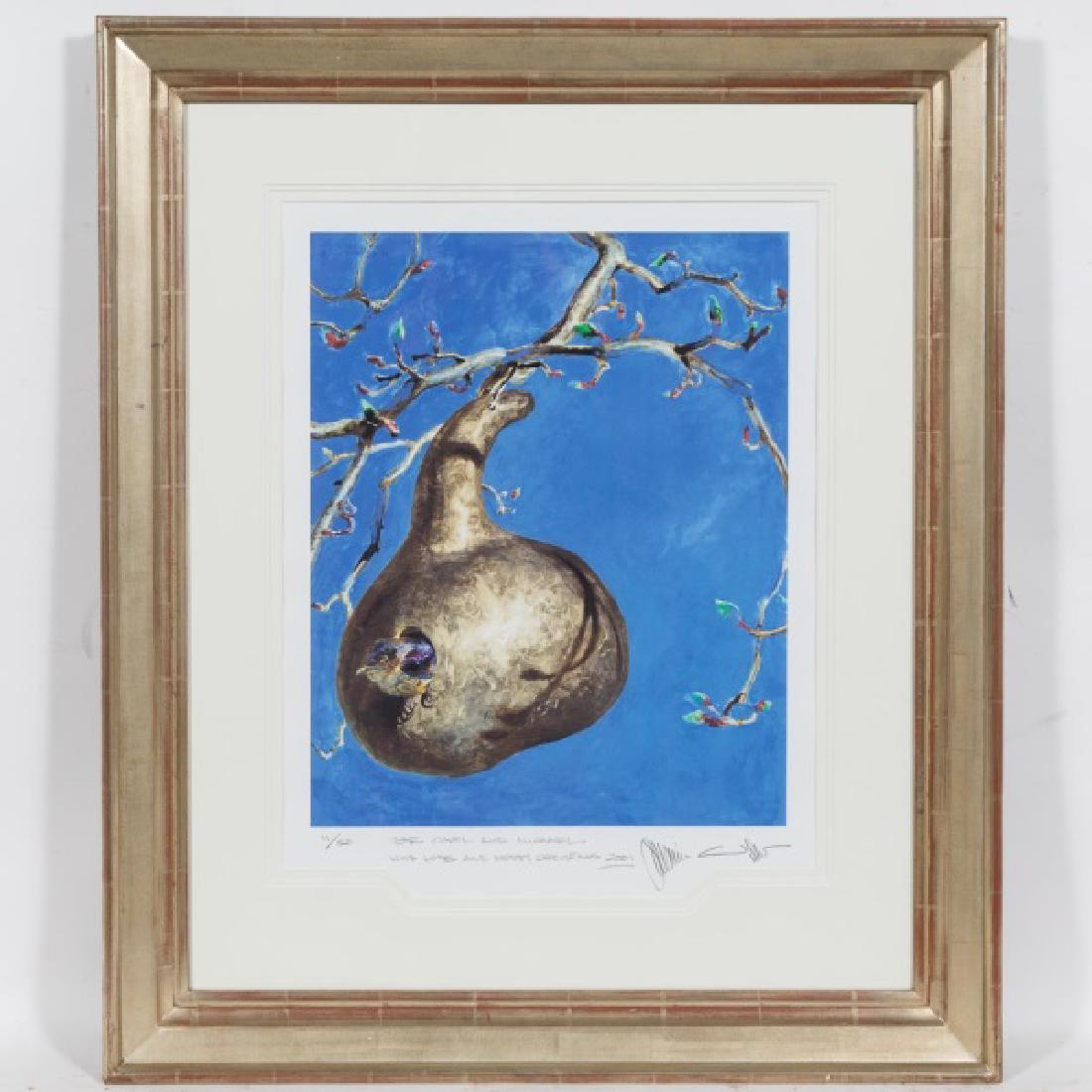 Jamie Wyeth 'Gourd Tree' Signed Offset Lithograph: James Browning Wyeth (American, B. 1946), 20th century. The piece depicts a song bird perched inside a hollowed out gourd hung from the branches of a tree, against a blue sky. Signed to the lower righ