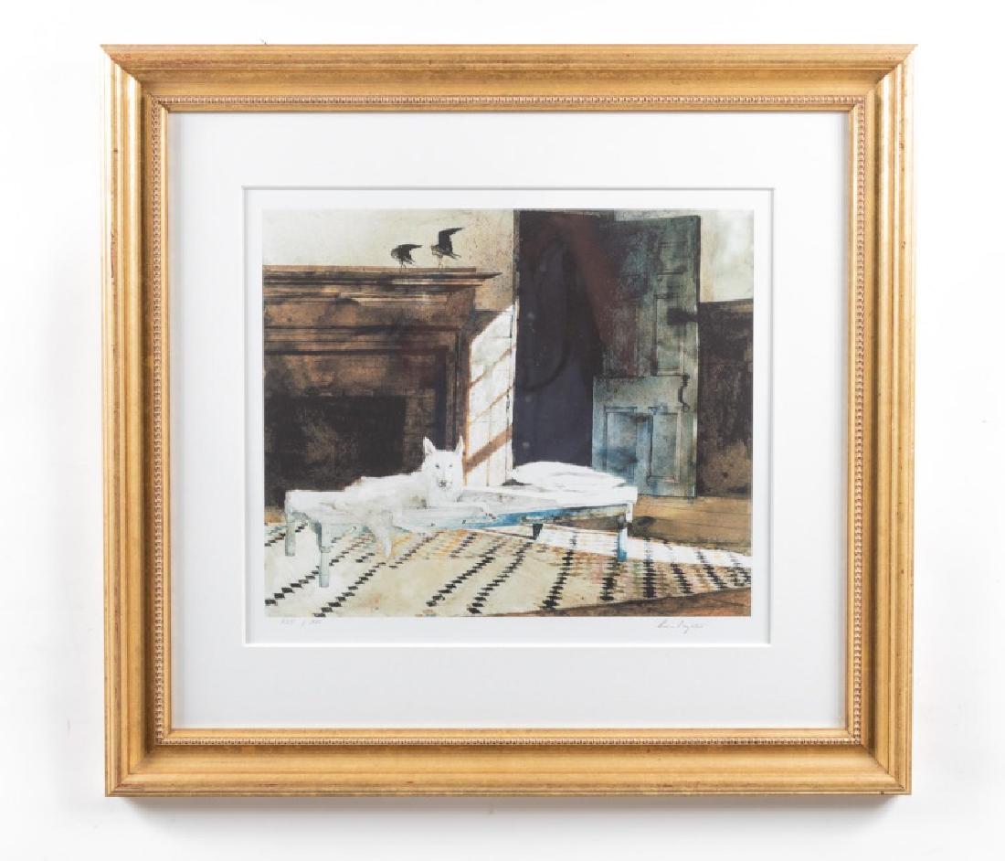 Andrew Wyeth Ltd. Ed. Giclee Print, "Sleeping Dog": After Andrew Wyeth (American, 1917-2009), limited edition giclee print. "Sleeping Dog" a white dog lying on a rope cot in front of a fireplace with 2 crows on the mantel shelf. Mounted under glass wit
