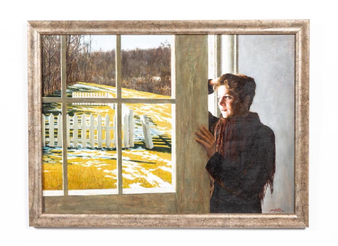 Meng Luding, Realist Portrait of a Woman by Door: Luding Meng (Chinese, b. 1962- ). "Spring Air" - 1997, oil on linen, signed and dated lower right "Meng Luding / May '97". Modern realist portrait of a woman standing beside an open door with white pi
