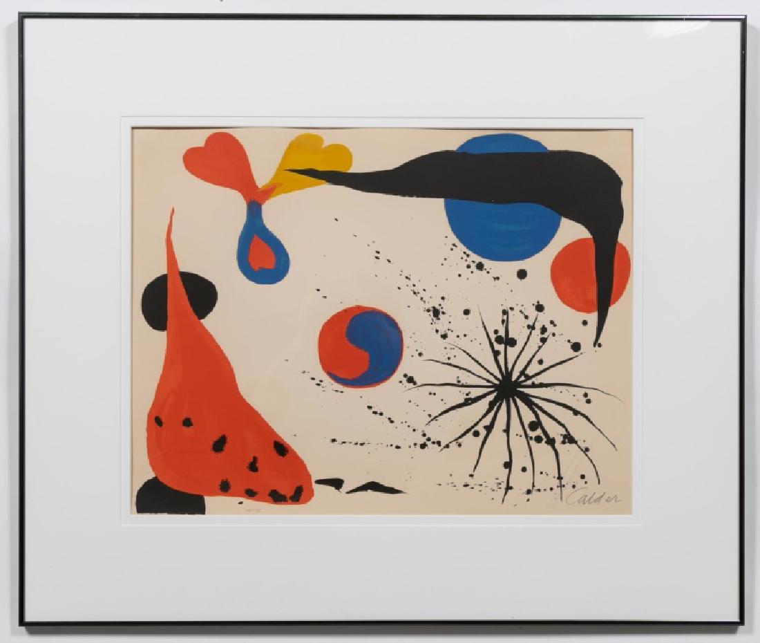 Alexander Calder Litho, "Flies in the Spider Web": Alexander Calder (American, 1898-1976) 1974. "Flies in the Spider Web". Color lithograph. Pencil signed to lower right, lower left edition number 47/175. Approx: 19.25" H x 25.35" W (Visual Image), 30