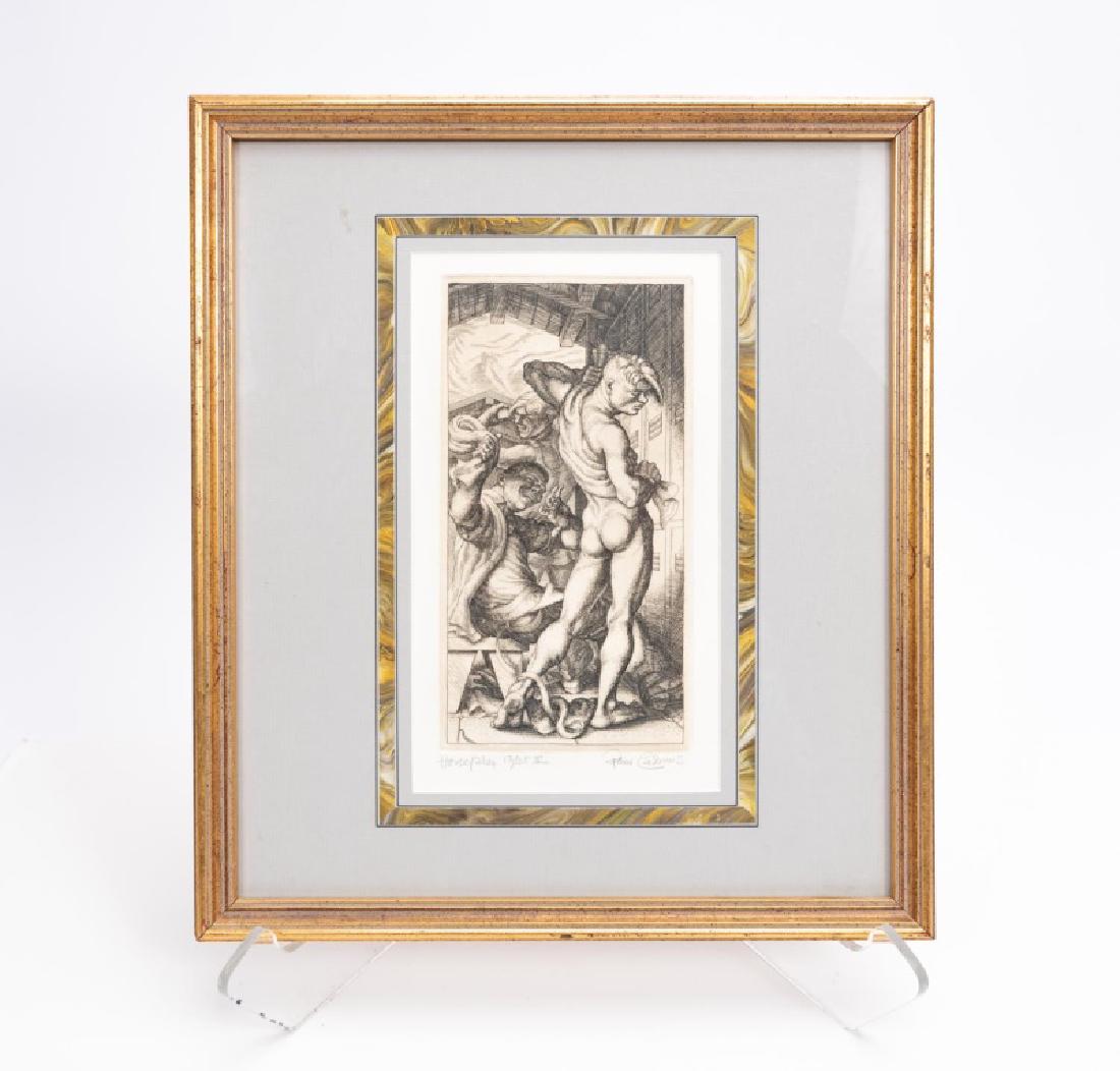 Paul Cadmus Signed Etching, "Horse Play", 13/35: Paul Cadmus (American, 1904-1999). "Horse Play" - 1979, etching, limited edition 13/35. Locker room scene with 3 males. Printed by Richard Waller and published by The Print Cabinet. Approx. 9" x 4.75"